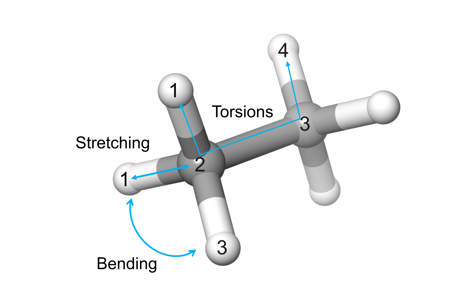 Graphical representation of stretching bending and torsion for a molecule of ethane