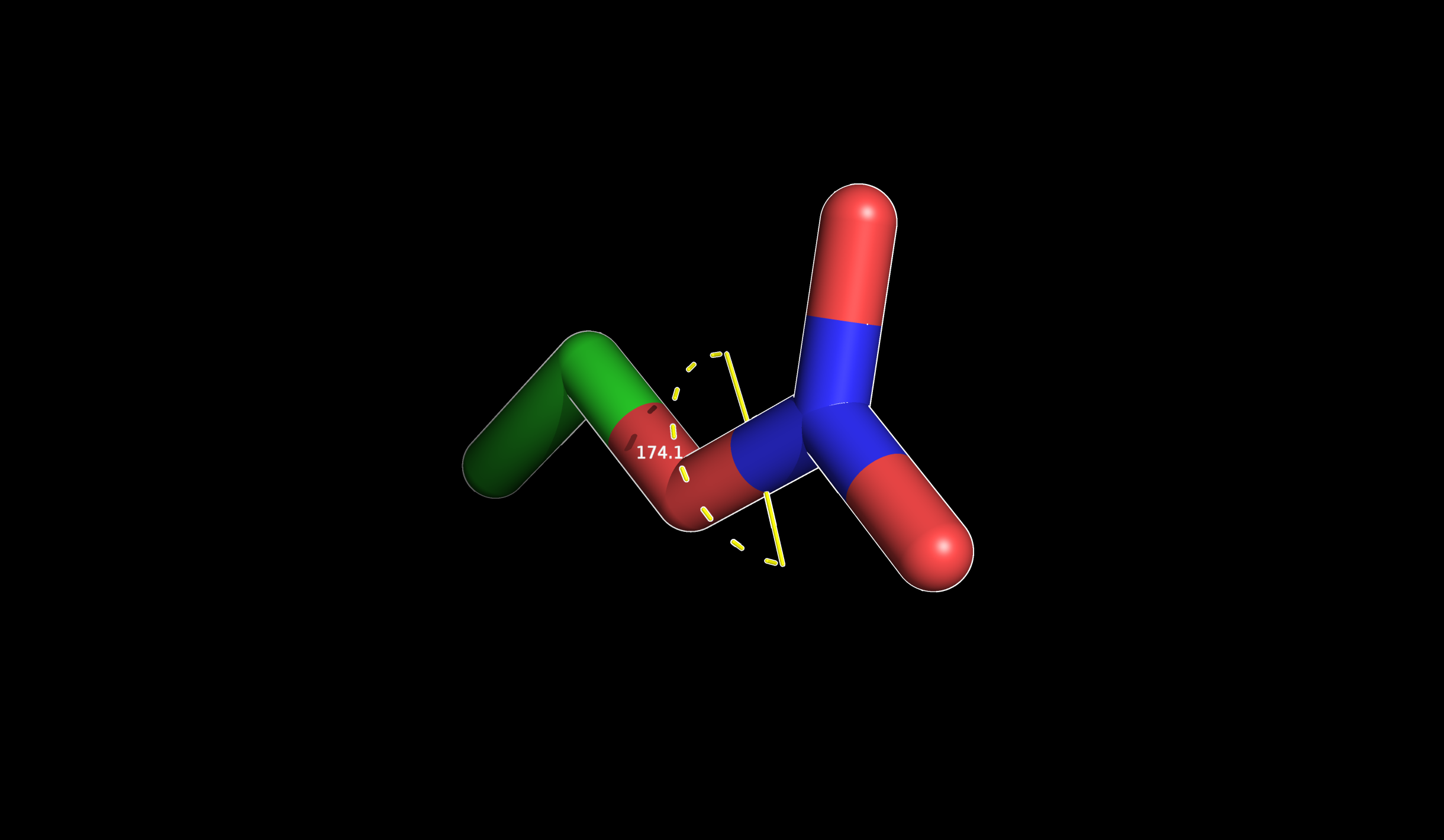 The torsional value between four atoms in a propane molecule displayed in PyMOL.