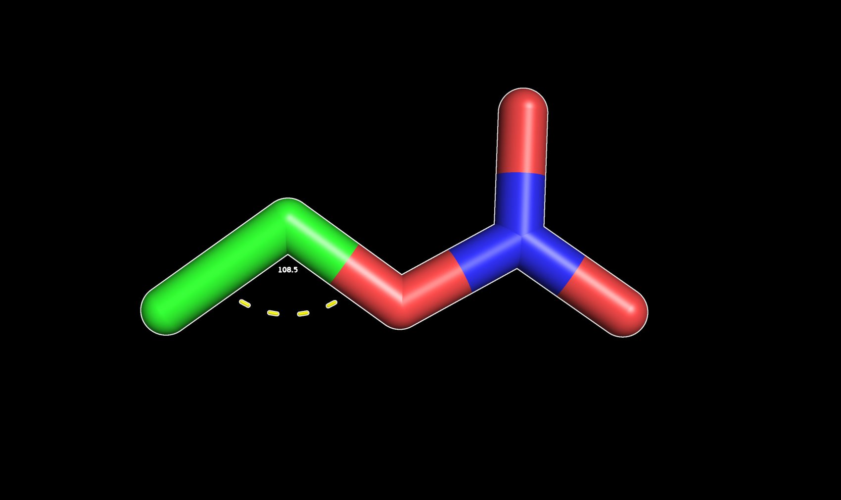 The angle value between three atoms in a propane molecule displayed in PyMOL.