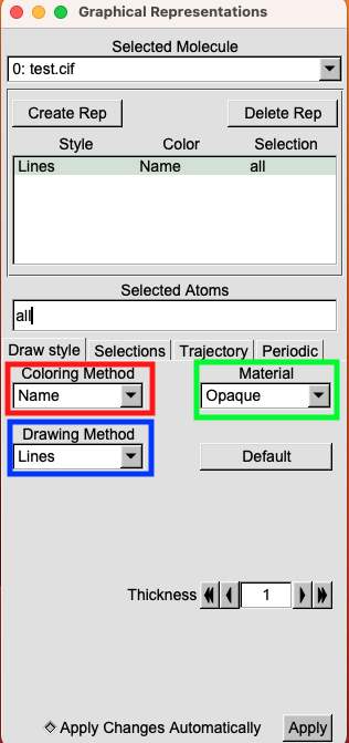  Graphical representation menu in VMD to customize