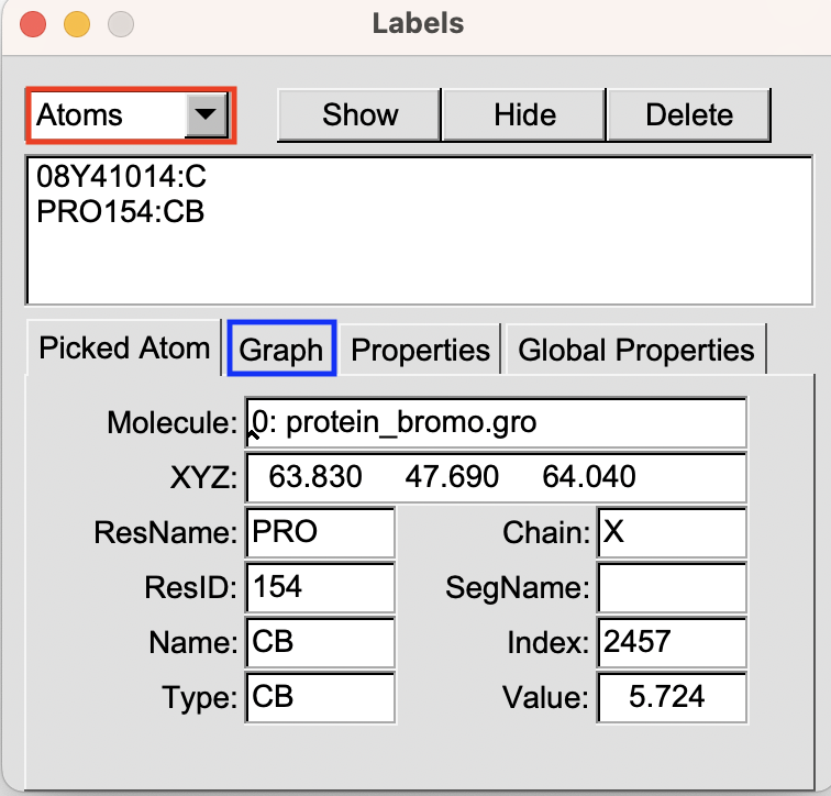  Label panel in VMD used to plot and select atoms