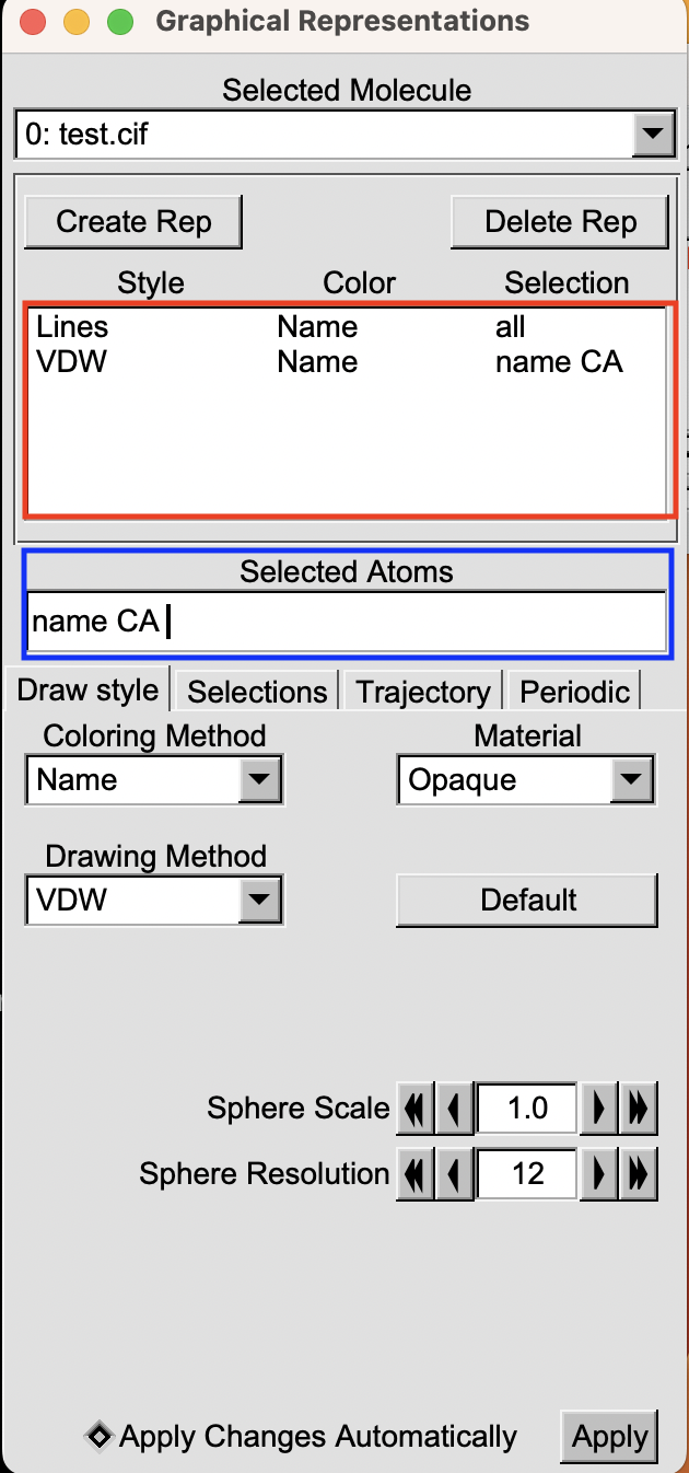  Graphical representation menu in VMD to select atoms or residues